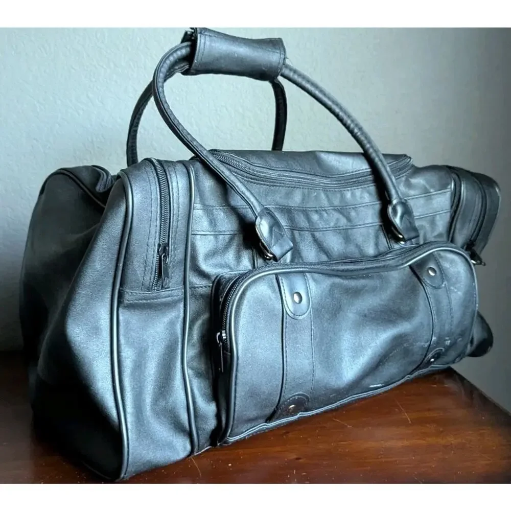 Vtg 90s Black Faux Leather Weekender Duffle Bag Carry On Travel Gym Overnight